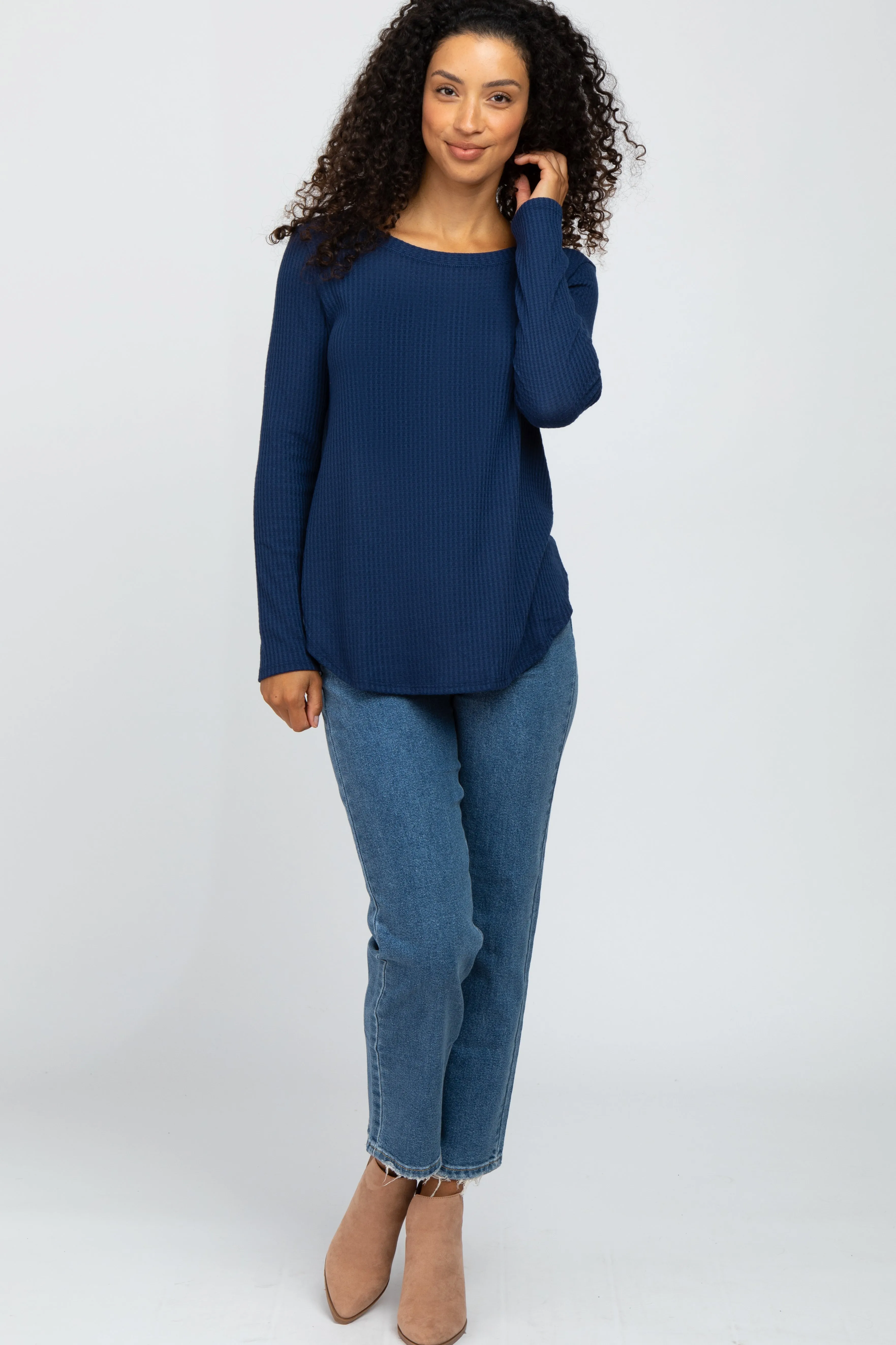 Navy Blue Basic Waffle Knit Long Sleeve Top