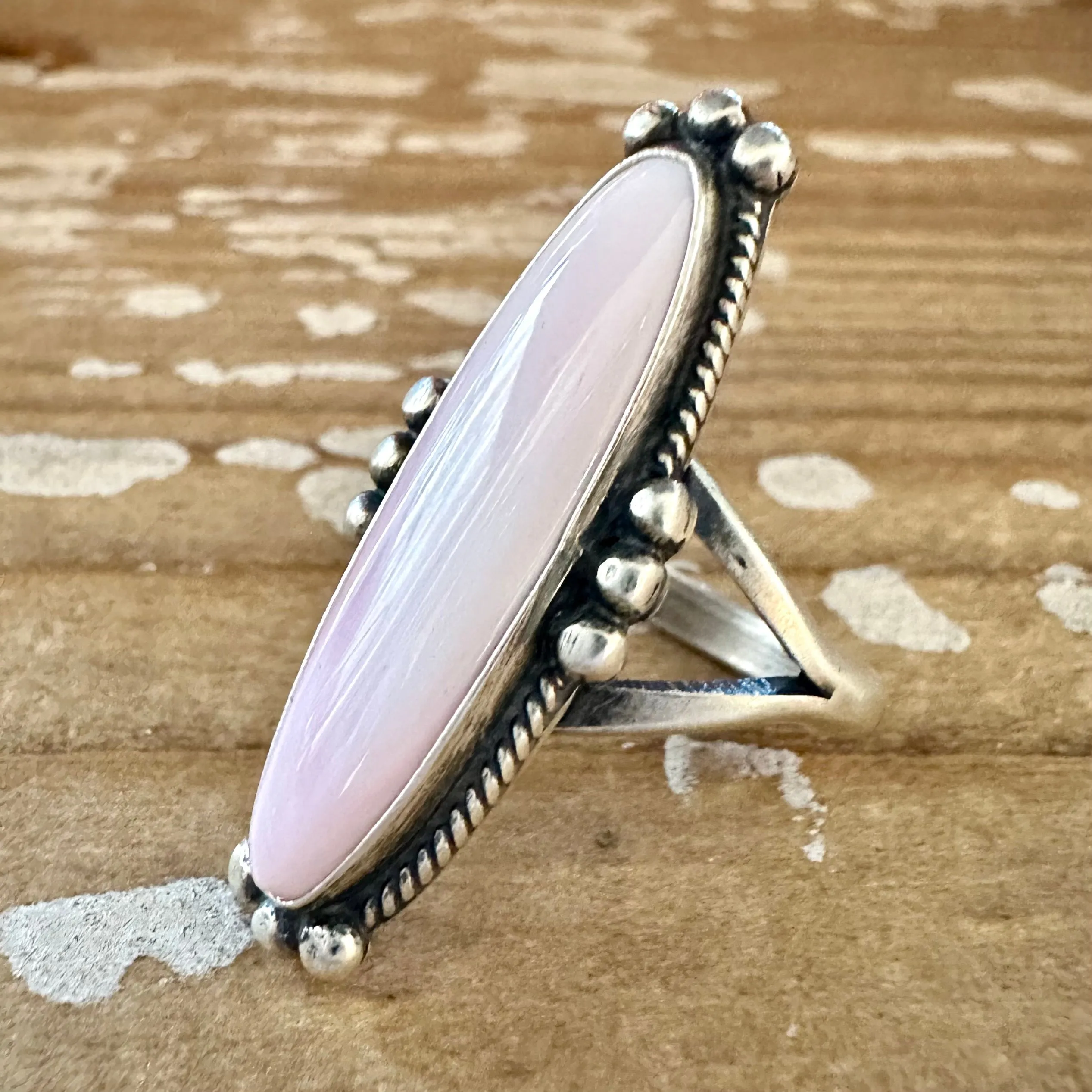 OH SO LOVELY Pink Conch Shell and Sterling Silver Tall Oval Ring  Sizes Adjustable