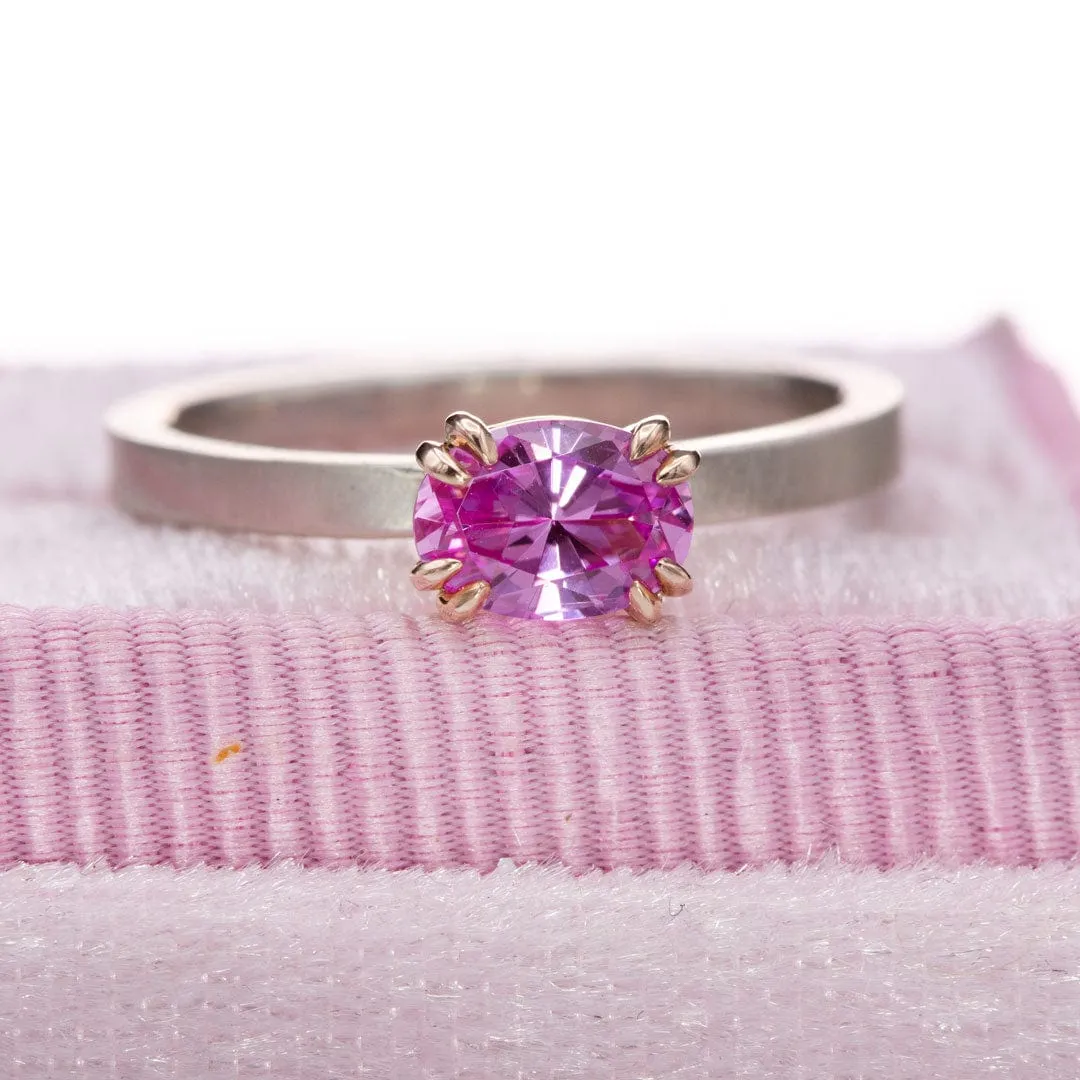 Oval Pink Lab Sapphire Rose Gold Prongs & Sterling Silver Stacking Ring, Size 4 to 9