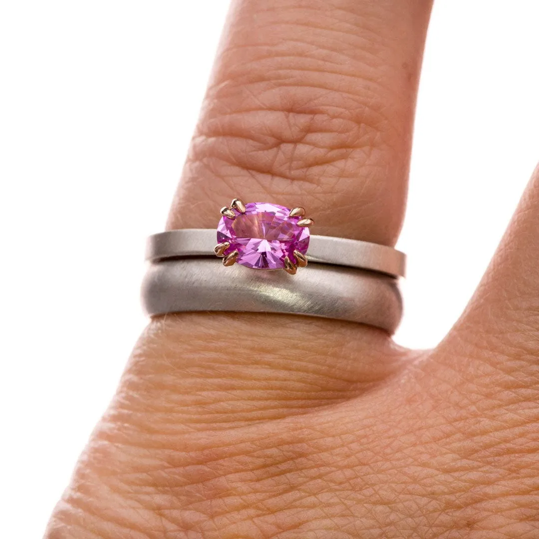 Oval Pink Lab Sapphire Rose Gold Prongs & Sterling Silver Stacking Ring, Size 4 to 9