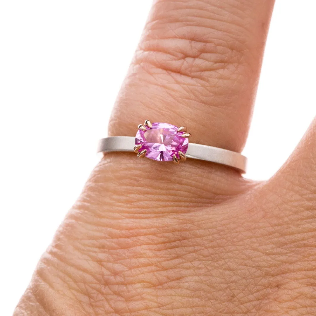 Oval Pink Lab Sapphire Rose Gold Prongs & Sterling Silver Stacking Ring, Size 4 to 9