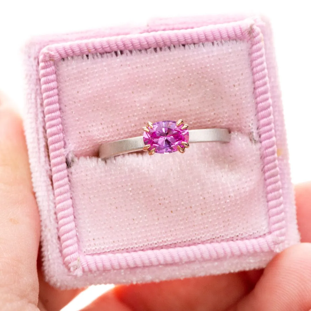 Oval Pink Lab Sapphire Rose Gold Prongs & Sterling Silver Stacking Ring, Size 4 to 9