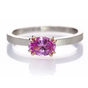 Oval Pink Lab Sapphire Rose Gold Prongs & Sterling Silver Stacking Ring, Size 4 to 9