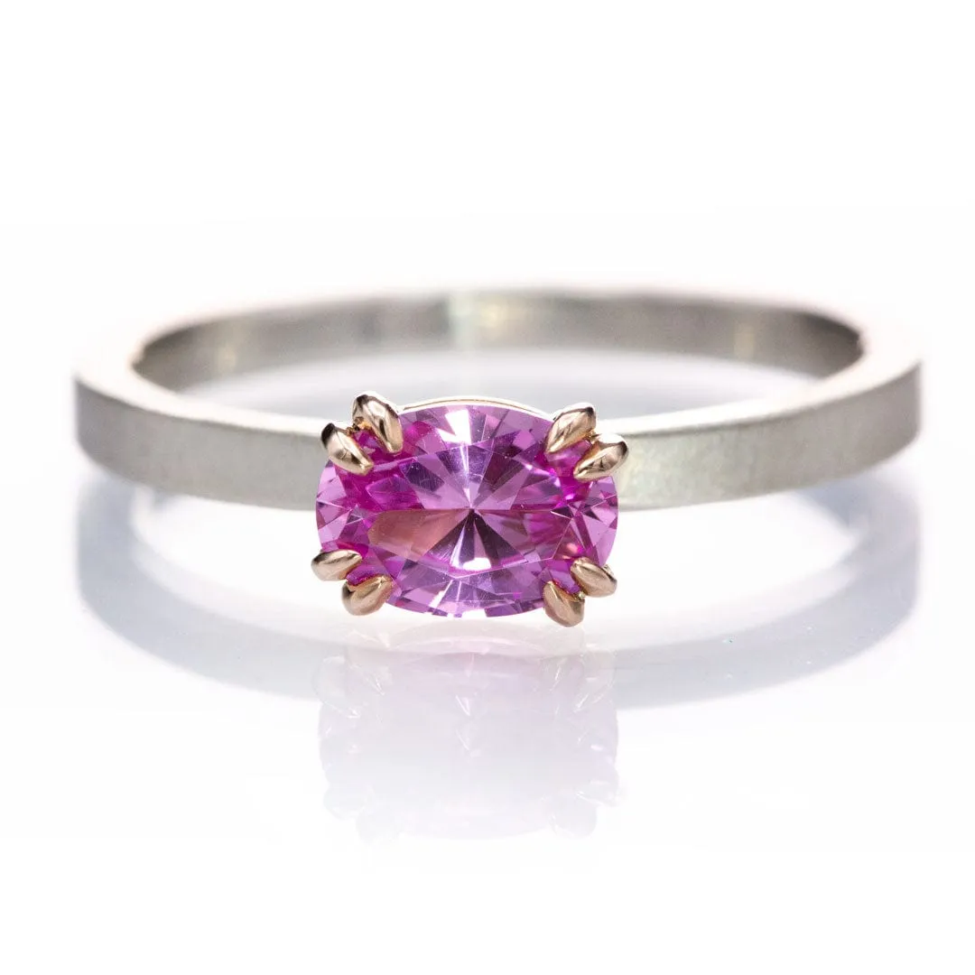 Oval Pink Lab Sapphire Rose Gold Prongs & Sterling Silver Stacking Ring, Size 4 to 9