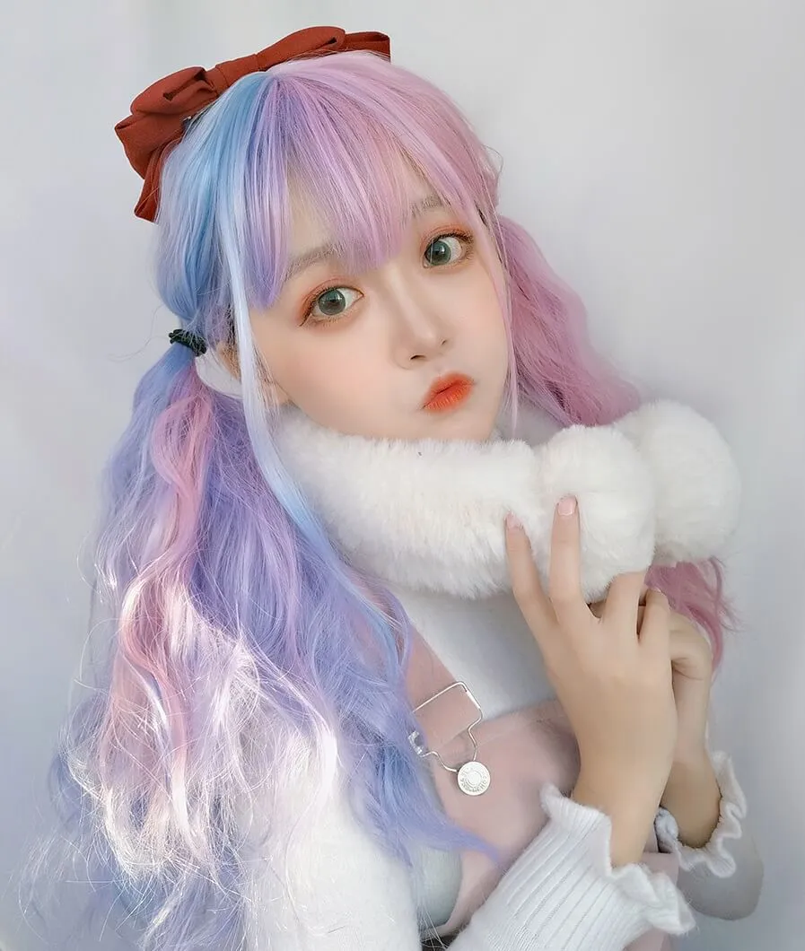 PASTEL HALF PINK HALF BLUE LONG CURLY WIG BY90073