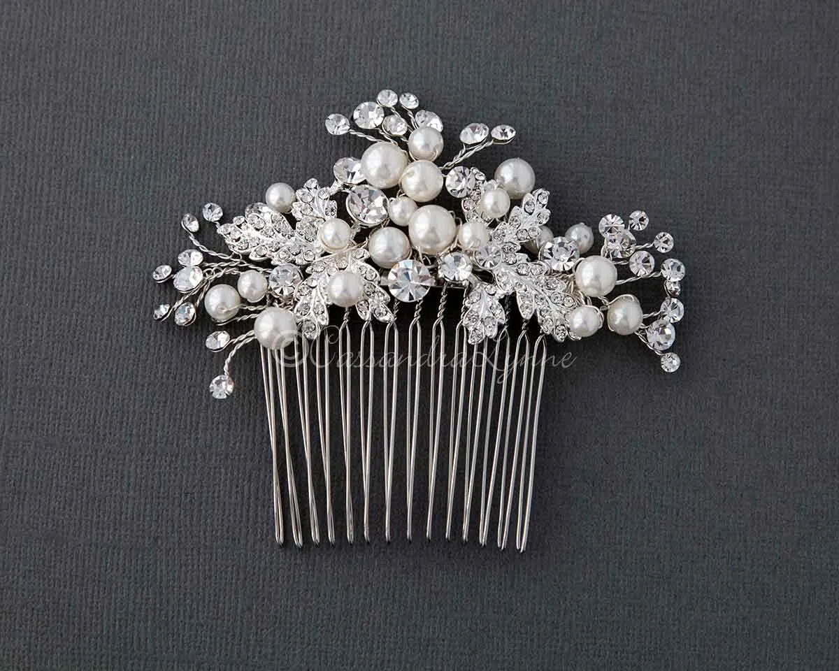 Pearl Bridal Hair Comb of Jeweled Leaves and Sprays