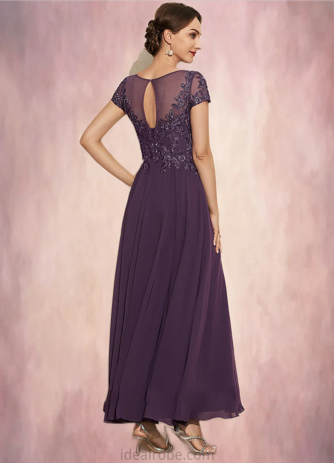 Penelope A-Line Scoop Neck Ankle-Length Chiffon Lace Mother of the Bride Dress With Sequins STK126P0014626