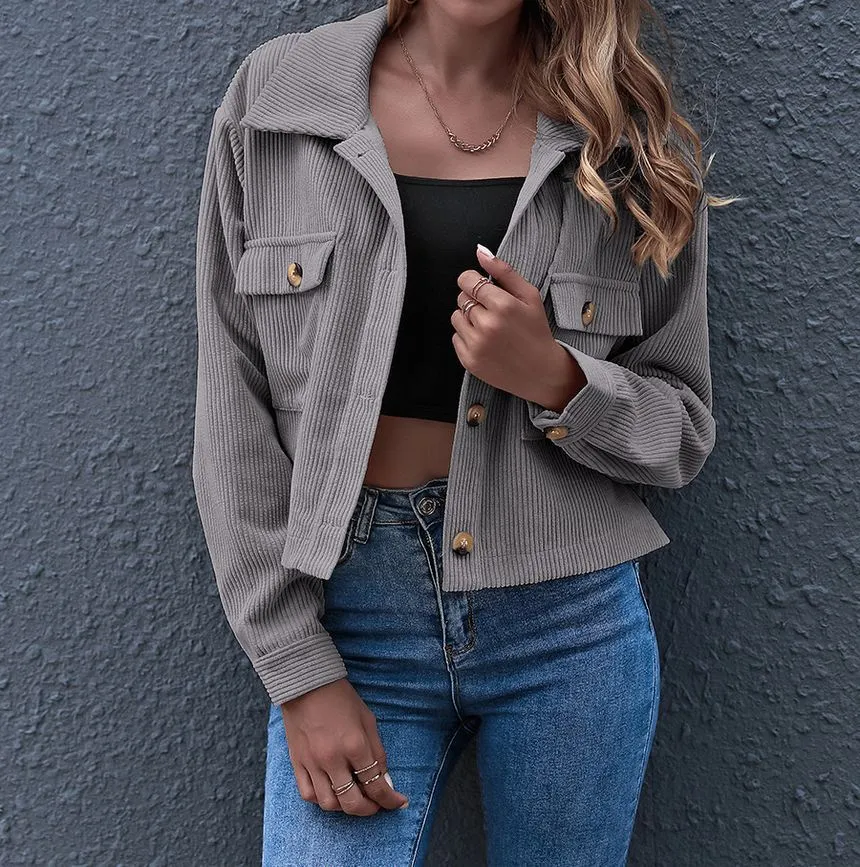 Plain Corduroy Cropped Shirt Jacket OF8