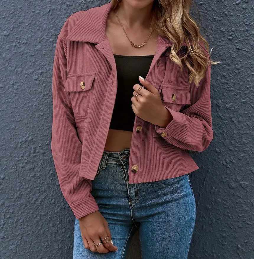 Plain Corduroy Cropped Shirt Jacket OF8