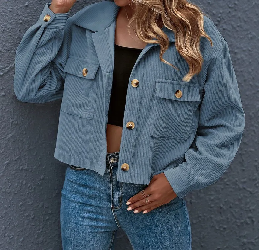 Plain Corduroy Cropped Shirt Jacket OF8