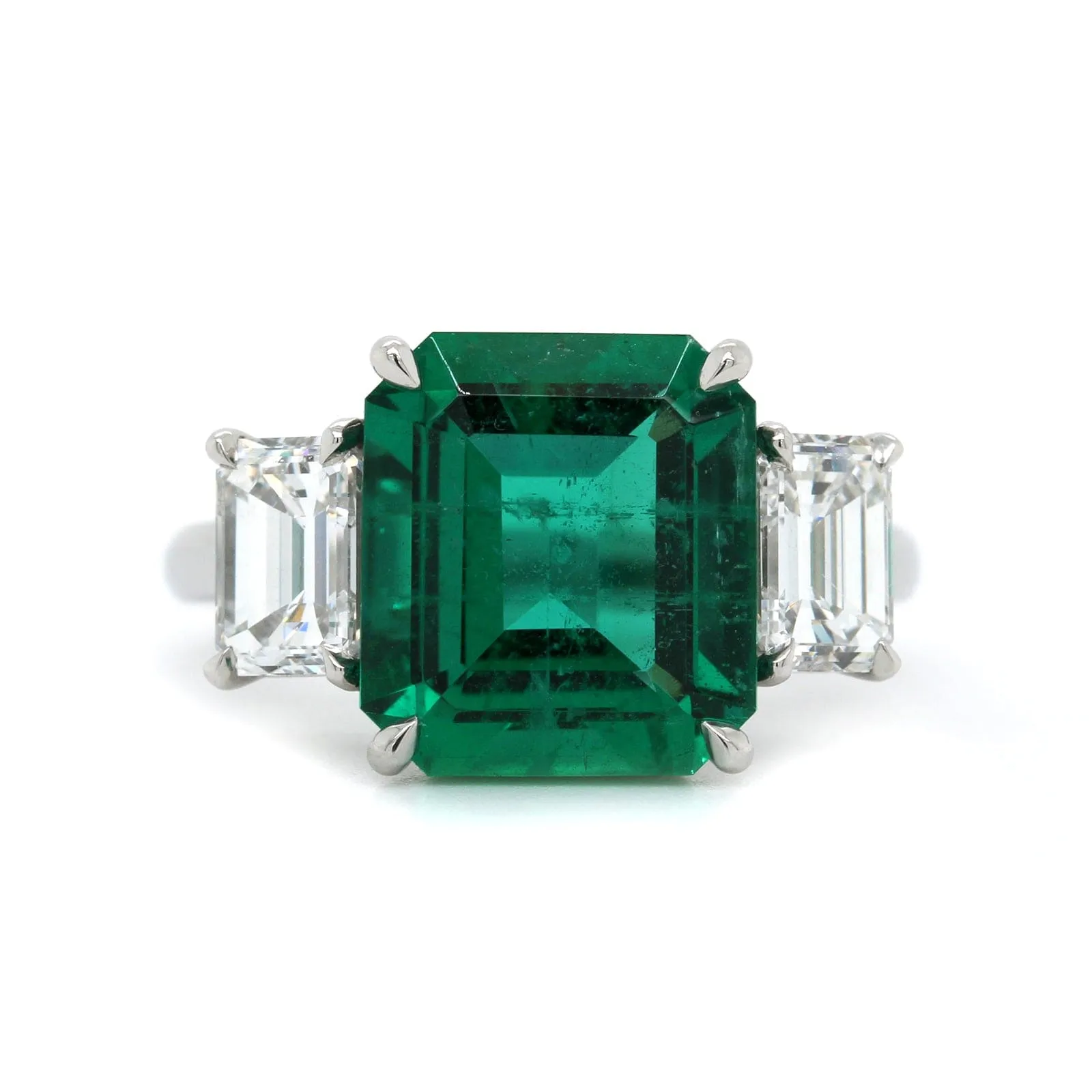 Platinum 3 Stone Emerald and Diamond Ring