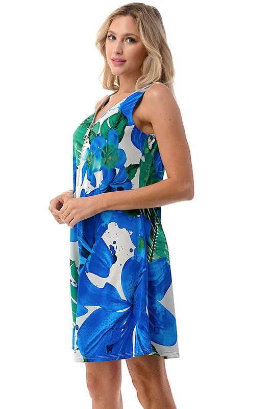 Printed Big Zipper Tank Dress - Royal