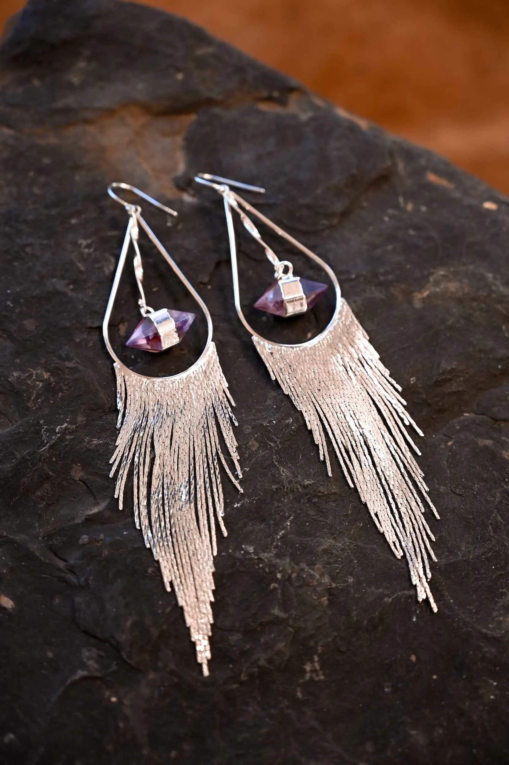 Protector of My Dreams Amethyst Silver Fringe Earrings