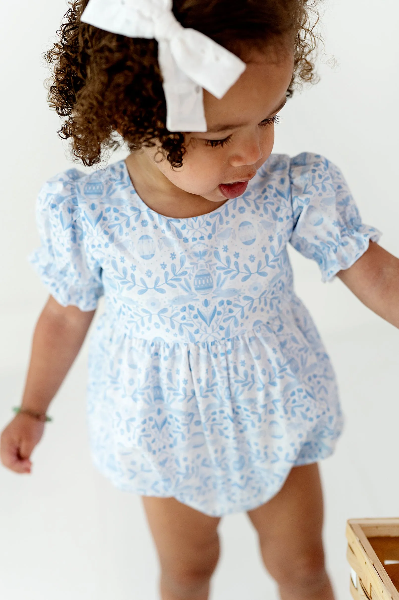 Quinn Poplin Romper in Blue Bunnies