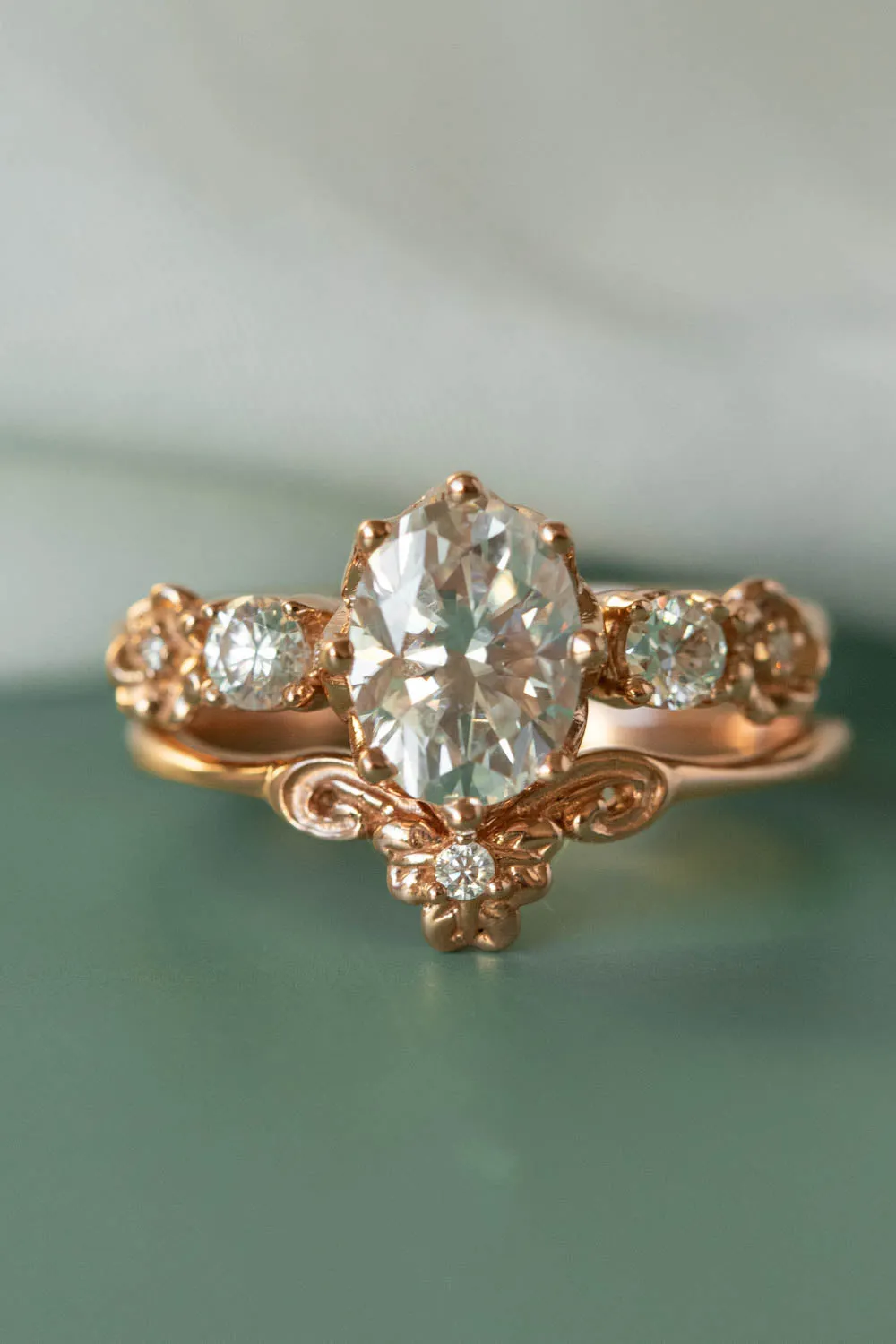 READY TO SHIP: Fiorella ring set in 14K rose gold, oval cut moissanite 8x6 mm, moissanites, RING SIZE - 5.75 US