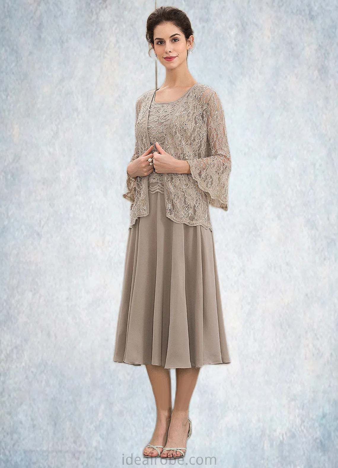 Rylee A-Line Scoop Neck Tea-Length Chiffon Lace Mother of the Bride Dress With Sequins STK126P0014816