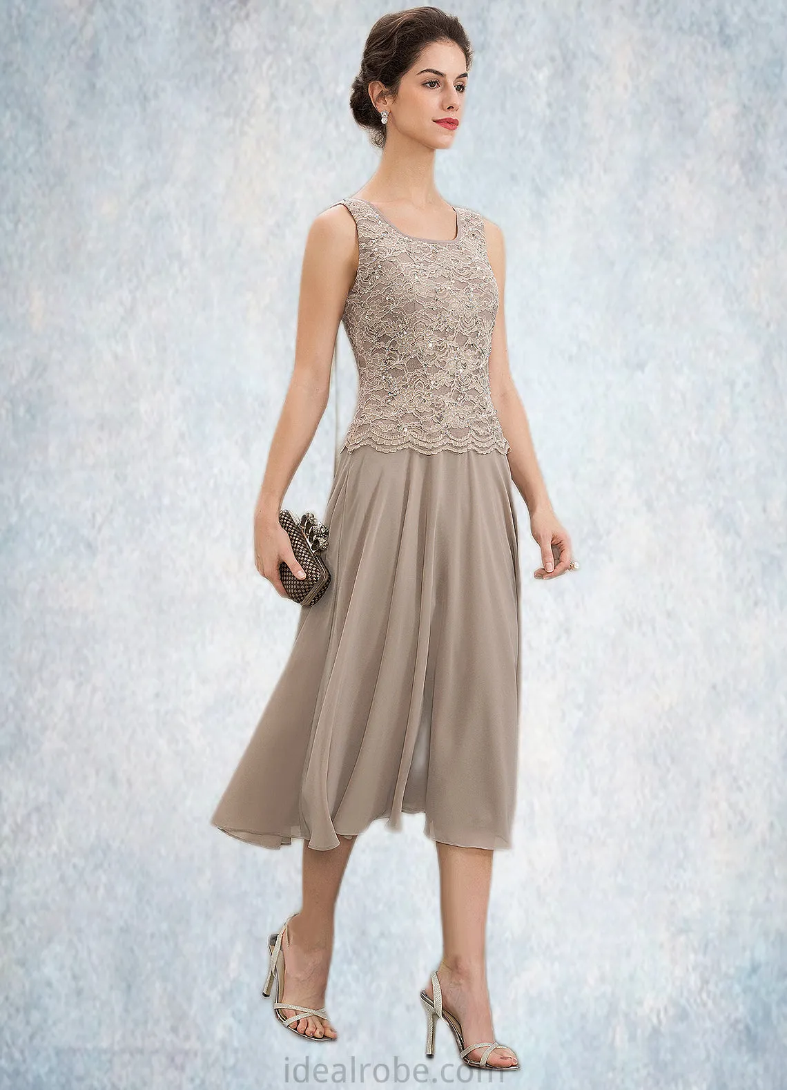 Rylee A-Line Scoop Neck Tea-Length Chiffon Lace Mother of the Bride Dress With Sequins STK126P0014816