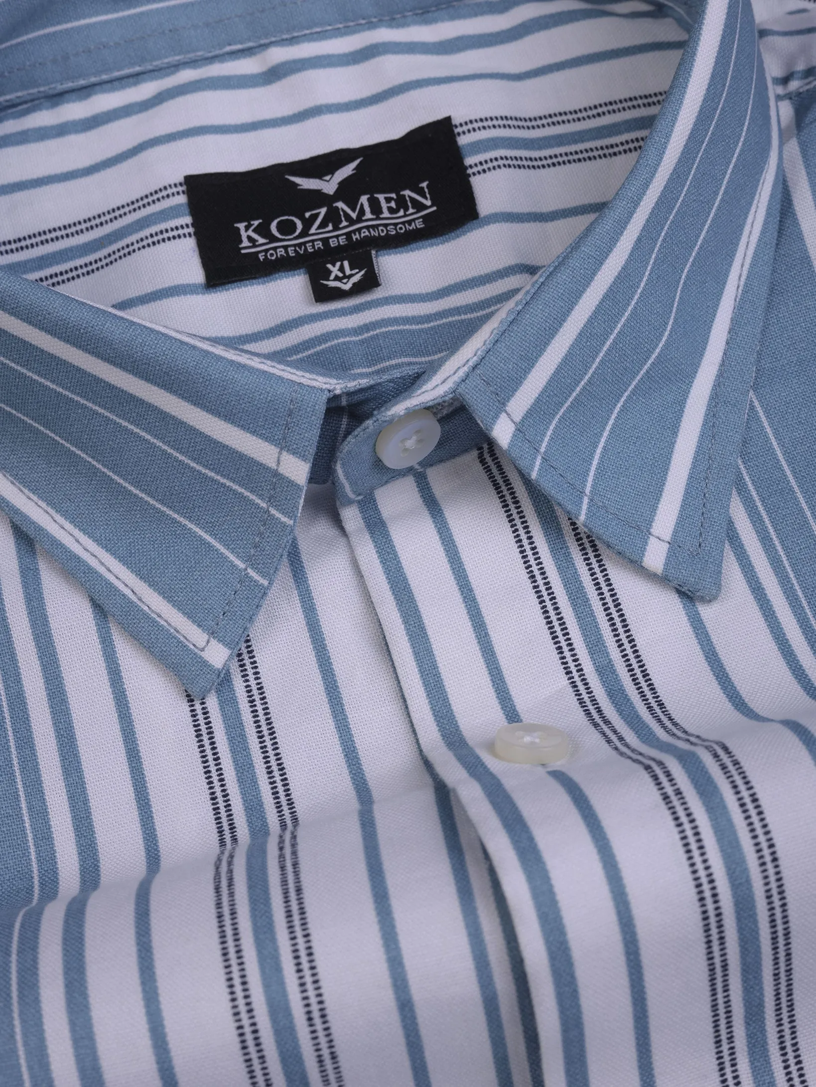 Sky Blue Color Balanced Striped Oxford Print Cotton Shirt