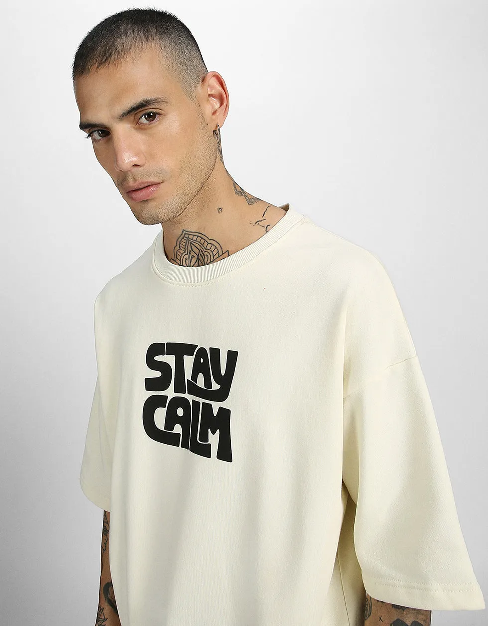 Stay Calm Beige Back Typographic Oversized Sweatshirt