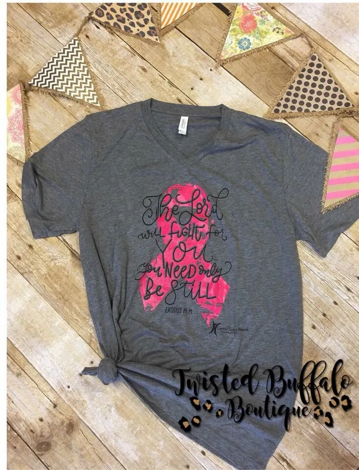 {THE LORD WILL FIGHT FOR YOU} Breast Cancer Awareness Gray V-Neck Tee