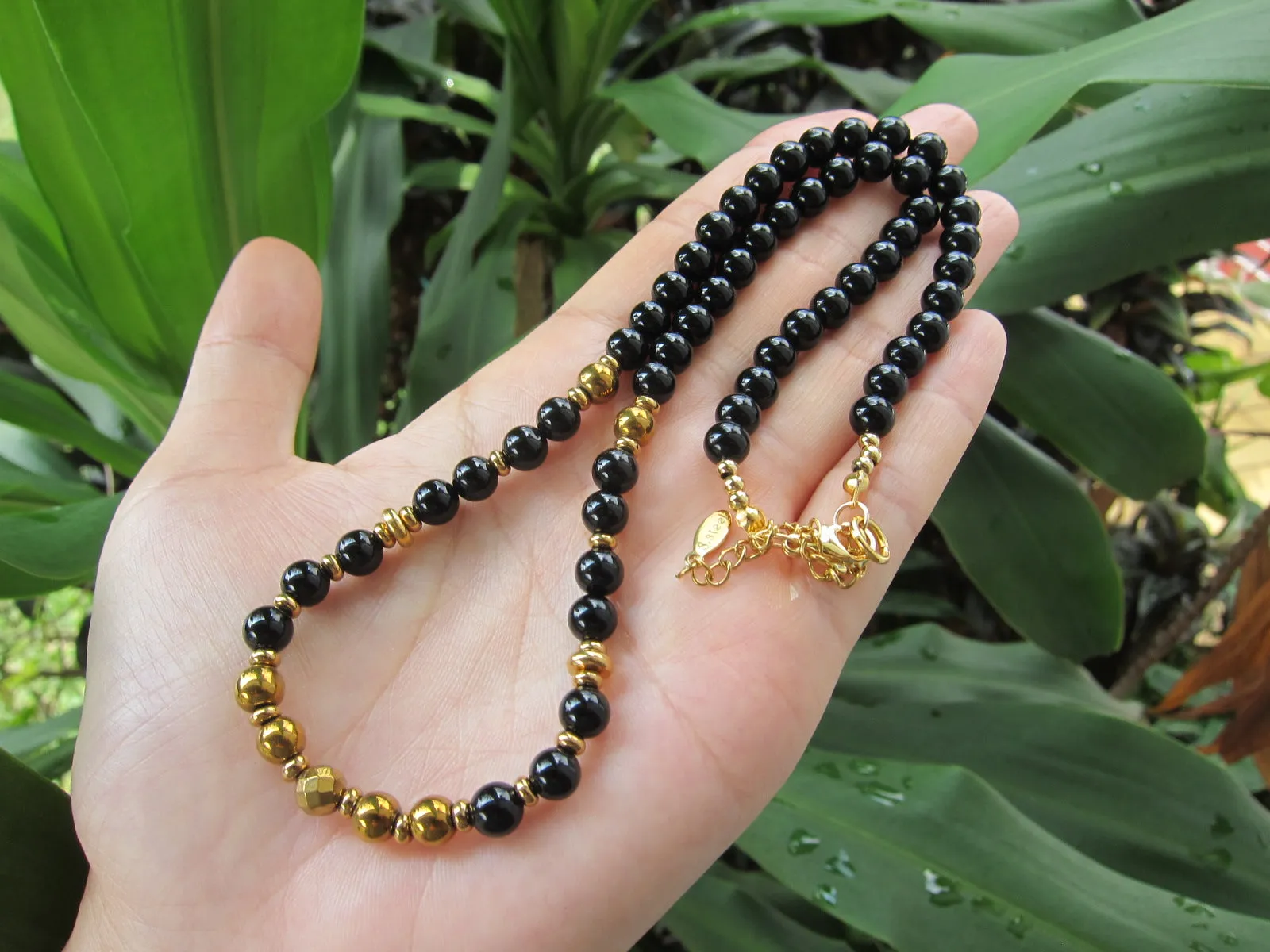 Tourmaline, Gold Hematite Beaded Necklace in Stainless Gold Clasp