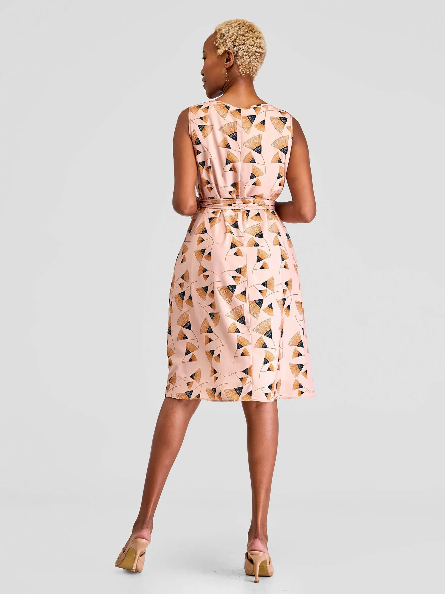 Vivo Basic Sleeveless Tent Dress - Peach/Brown Print