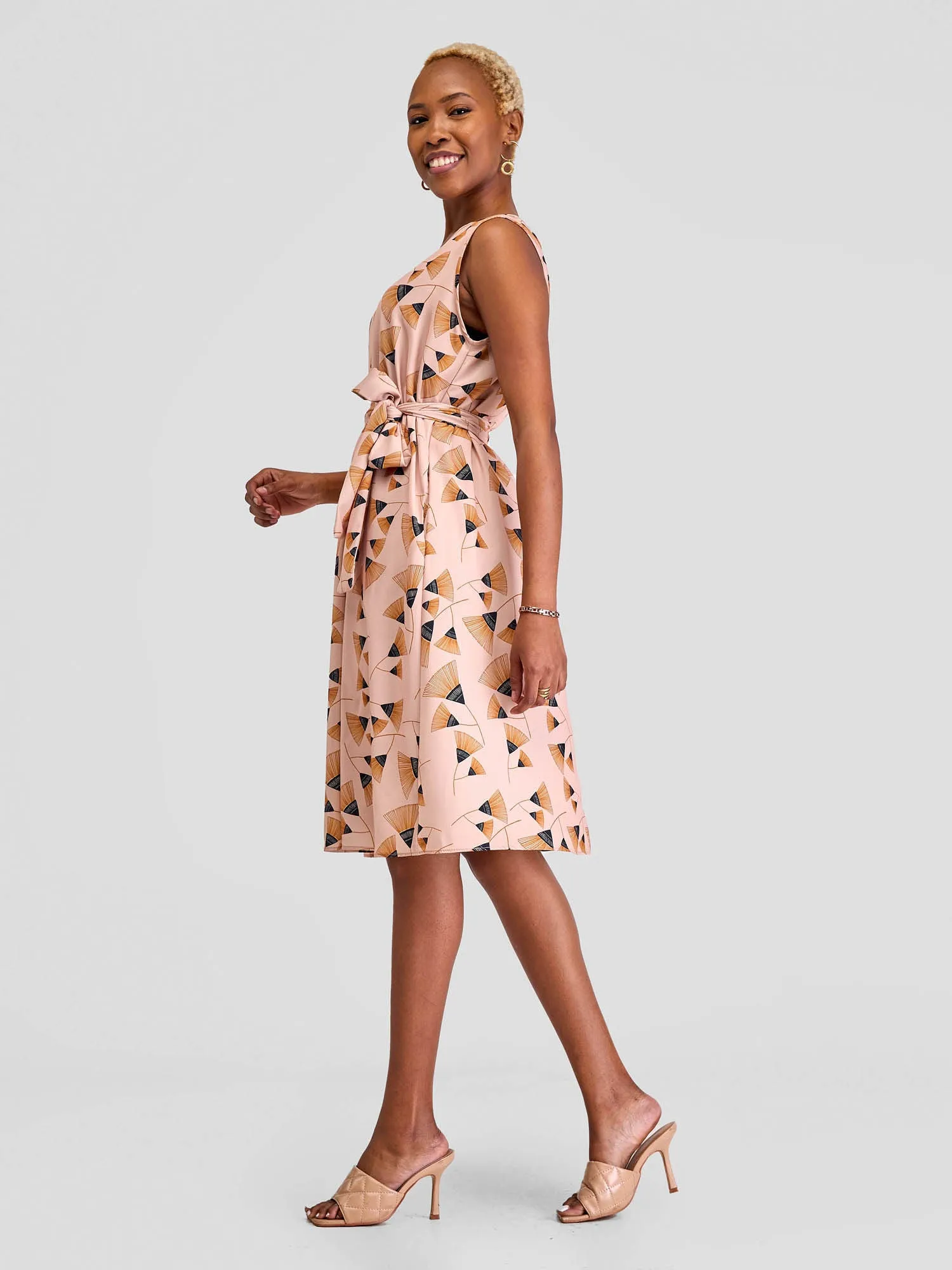 Vivo Basic Sleeveless Tent Dress - Peach/Brown Print