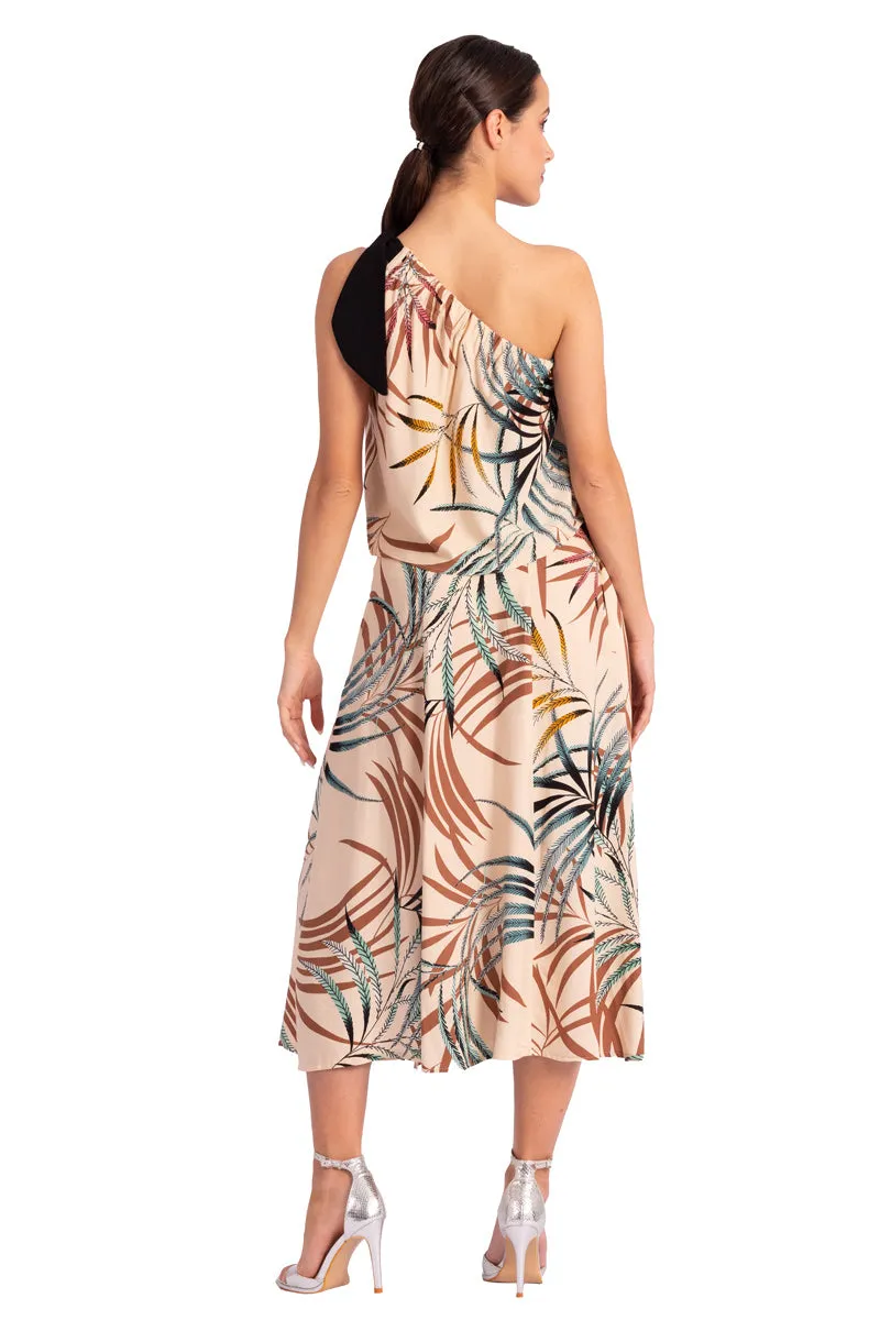 Waist Knot Beige Tropical Print Midi Skirt With Slits