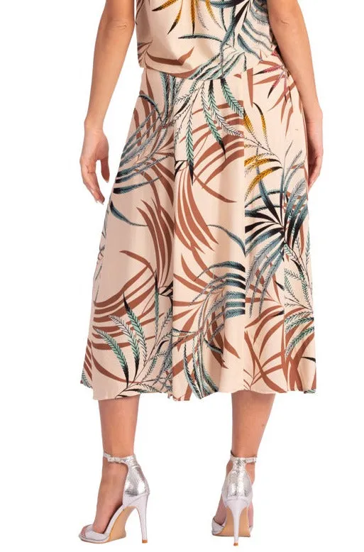 Waist Knot Beige Tropical Print Midi Skirt With Slits