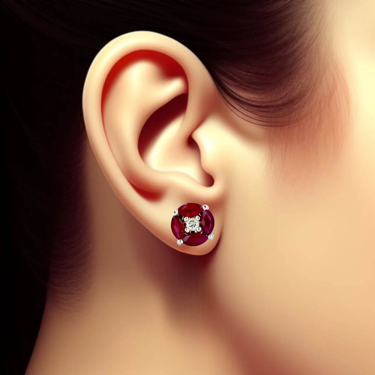 White 14k ruby and diamond clover earrings