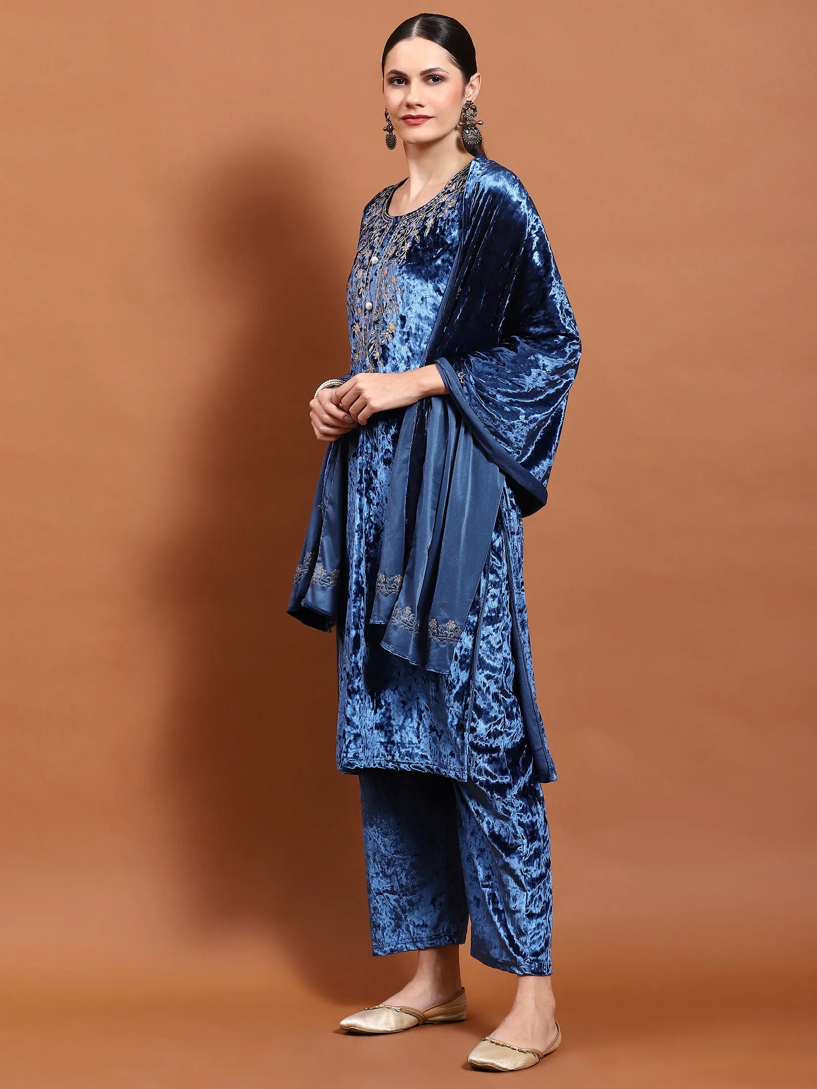 Winter Women Blue Embroidered Kurta Bottom Dupatta