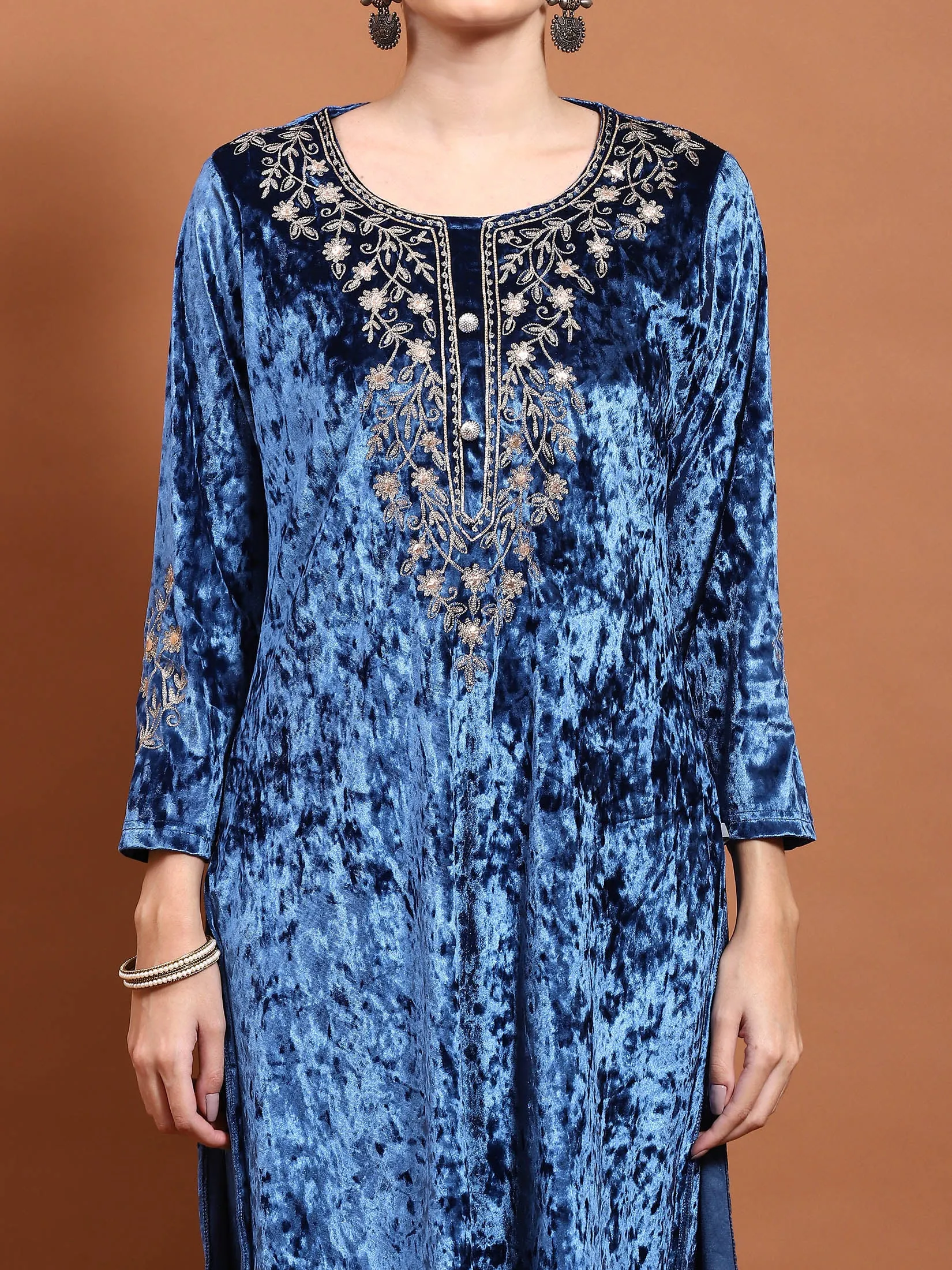 Winter Women Blue Embroidered Kurta Bottom Dupatta