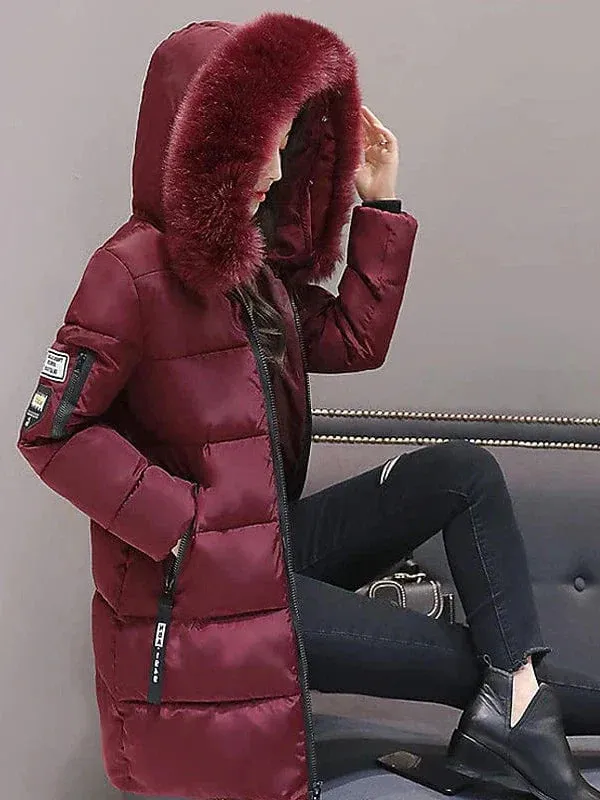 Women's Long Puffer Jacket with Fur Collar and Slim Fit