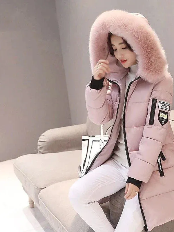 Women's Long Puffer Jacket with Fur Collar and Slim Fit