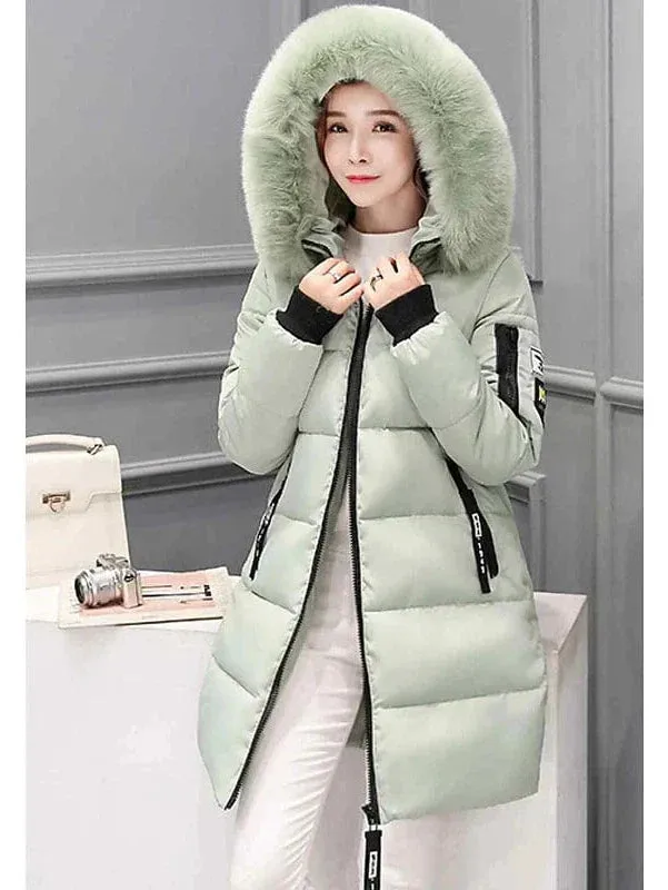 Women's Long Puffer Jacket with Fur Collar and Slim Fit