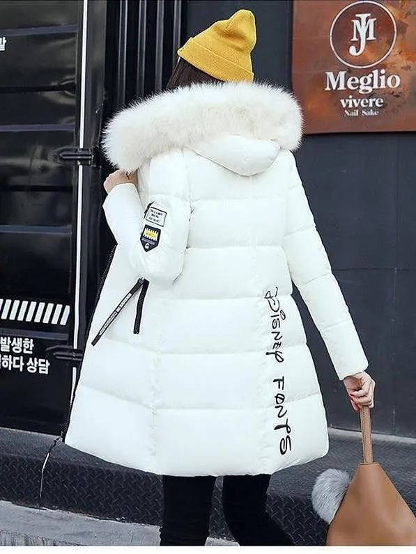 Women's Long Puffer Jacket with Fur Collar and Slim Fit