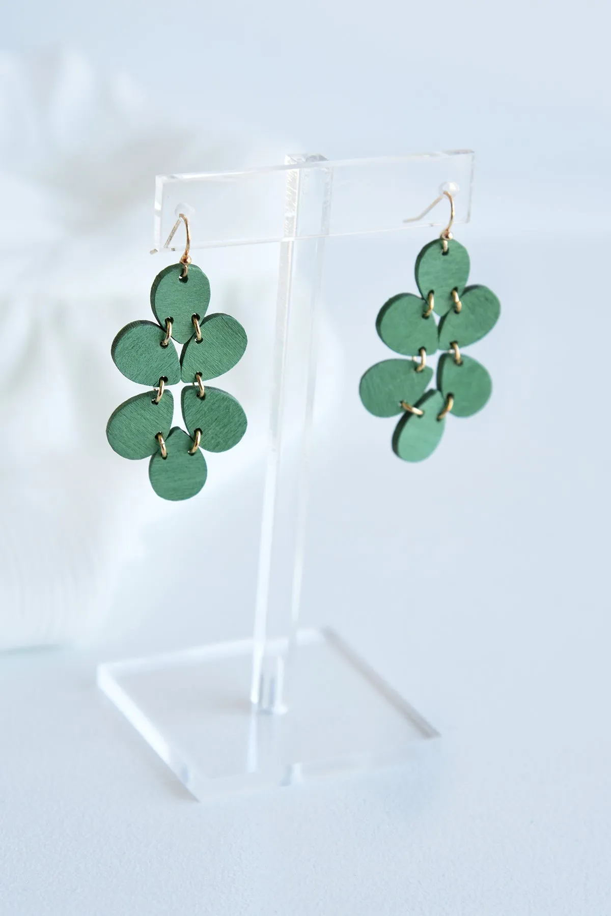 WOOD LINK FLOWER EARRINGS -GREEN