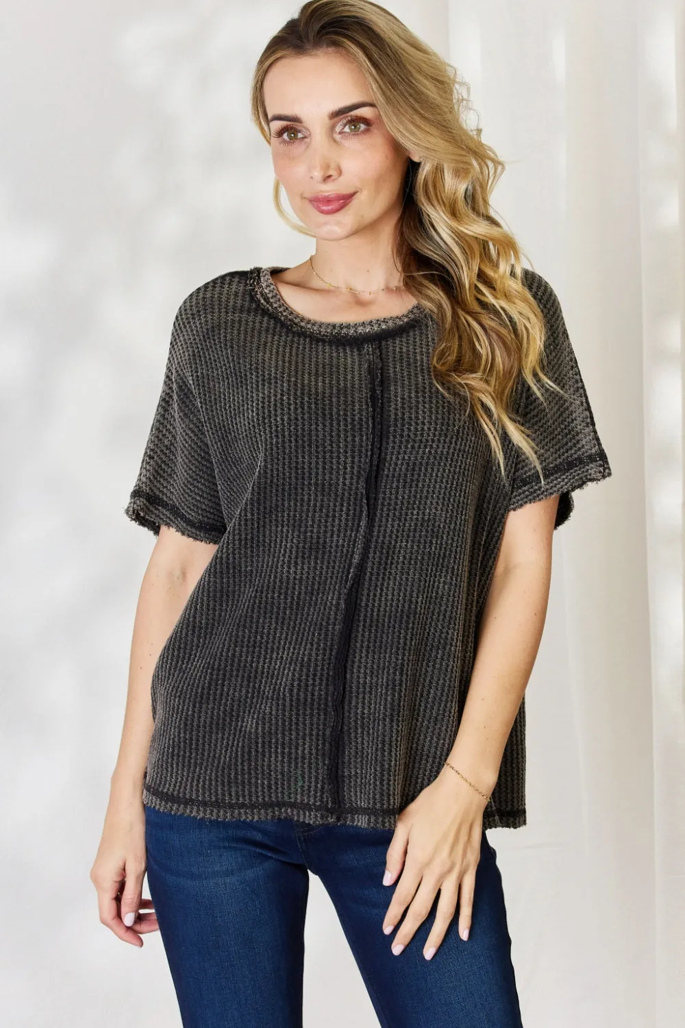 Zenana Oversized Baby Waffle Short Sleeve Top